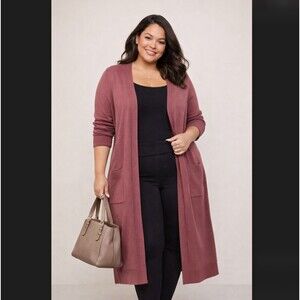 Torrid Long Cardigan 5X 28 Mauve Long Open Front Duster Sweater Pockets Cozy EUC